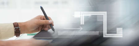Blueprint and processing over a woman using graphics tablet, technology and corporate concepts....