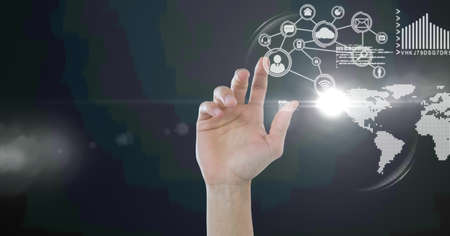 Composition of digital icons over caucasian hand. global business, finance and networking concept...