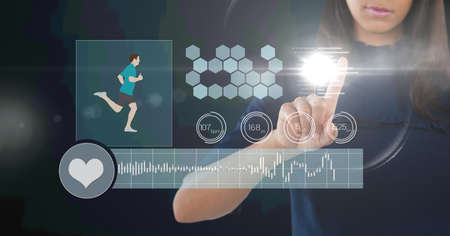 Composition of digital fitness icons over mixed race woman. global business, finance and networking...