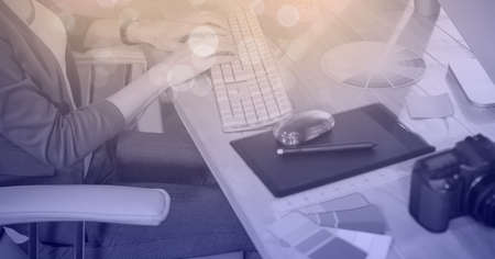 Composition of light over caucasian businesswoman in office. global business, finance and networking...