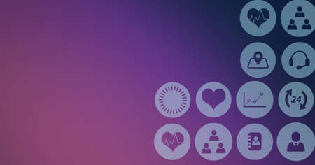 Composition of network of medical icons over gradient purple background. global science, medicine...