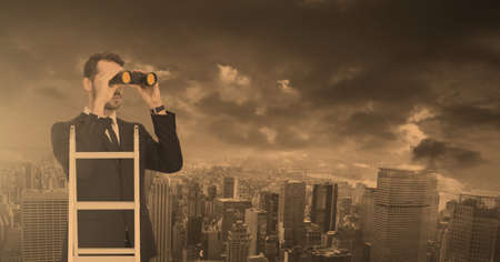 Composition of caucasian businessman looking through binoculars over cityscape. global business,...