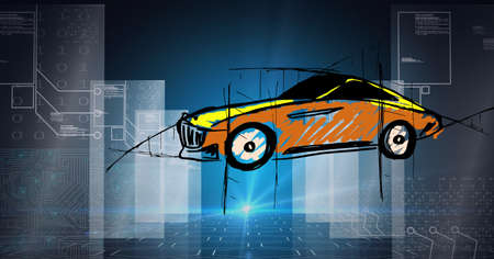 Composition of digital circuit board and binary coding over car drawing. global engineering, car industry, technology and data processing concept digitally generated image.の写真素材