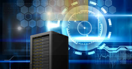 Composition of computer server over scope scanning. global technology, data processing and computing...