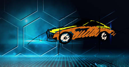 Composition of digital hexagons over car drawing. global engineering, car industry, technology and...