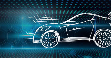 Composition of digital hexagons and blue spots over car drawing. global engineering, car industry,...