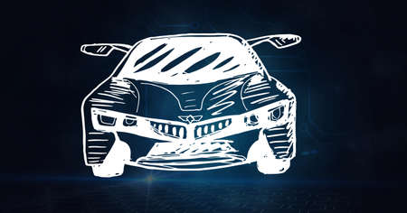 Composition of digital circuit board over car drawing. global engineering, car industry, technology...