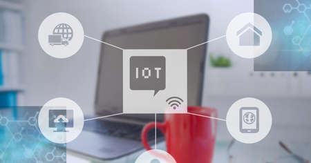 Composition of iot icon with network of connections over laptop. global internet of things...