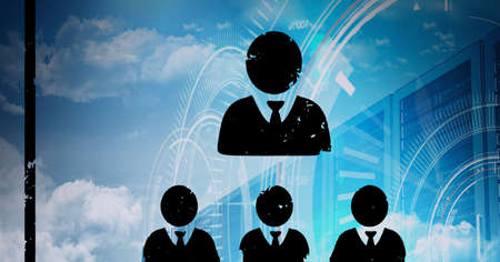 Composition of network of people icons and scope scanning over computer servers. global networking,...
