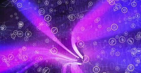 Composition of network of connections with digital icons over purple background. global online...