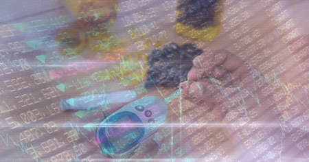 Financial data processing of person using glucometer and pills, economy and healthcare concepts....