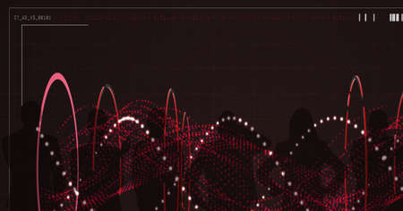 Composition of dna strand and data processing over people silhouettes on brown background. global genetics, medicine and science concept digitally generated image.の写真素材