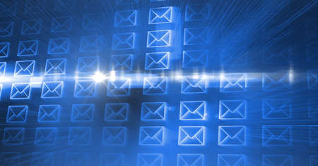 Composition of digital mail envelopes on glowing blue background. global networks and digital interface concept digitally generated image.の写真素材