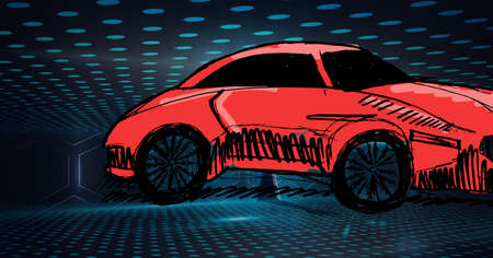 Composition of digital hexagons and blue spots over red car drawing. global engineering, car industry, technology and data processing concept digitally generated image.の写真素材