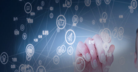 Network of digital icons against mid section of businessman touching invisible screen. global...