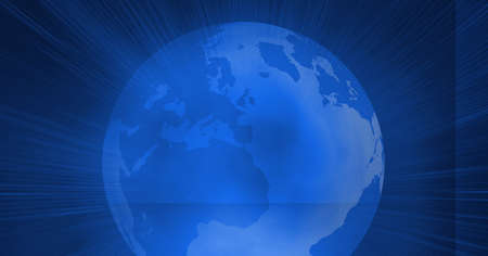 Digitally generated image of light trails over globe against blue background. global networking and technology conceptの写真素材