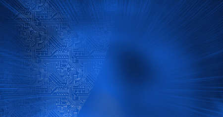 Digitally generated image of blue microprocessor connections against blue background. computer...