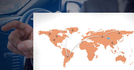 Light trails over world map against mid section of businessman touching invisible screen in car....