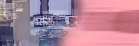 Composition of data processing over creative businessman working in office with pink background....