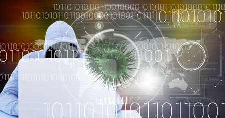Composition of covid 19 virus cell and binary coding data processing over hacker using laptop....