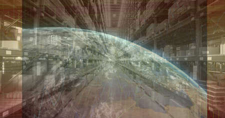 Composition of financial data processing with globe over stacked up shelves in warehouse. global...