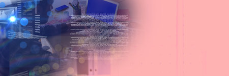 Composition of data processing over businessman working in office with pink background. global...
