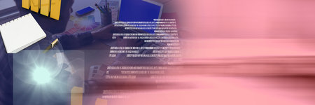 Composition of data processing over businessman working in office with pink background. global...