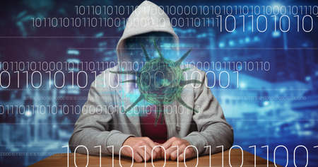 Composition of covid 19 virus cell and binary coding data processing over hacker in hoodie. global...