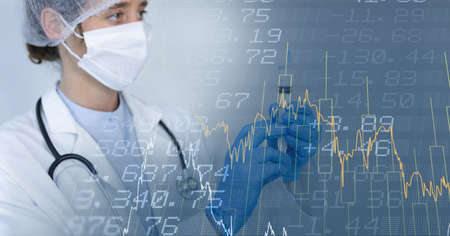Composition of medical data processing over doctor in face mask with syringe. global covid 19...