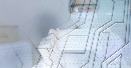 Composition of medical data processing over doctor in ppe suit holding face mask. global covid 19...