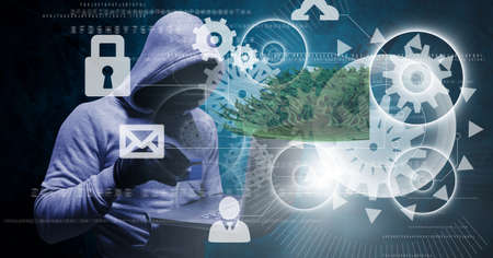 Composition of cogs, scopes scanning and data processing over hacker with credit card and laptop....