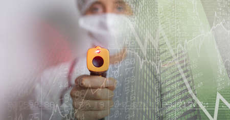 Composition of medical data processing over doctor with digital thermometer in face mask. global...