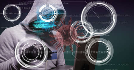 Composition of covid 19 virus cell and data processing over hacker with credit card and laptop....