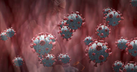Composition of 3d covid 19 cells floating on red background. global coronavirus pandemic concept digitally generated image.の写真素材