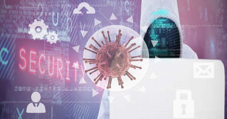Composition of covid 19 virus cell and binary coding data processing over hacker using laptop....