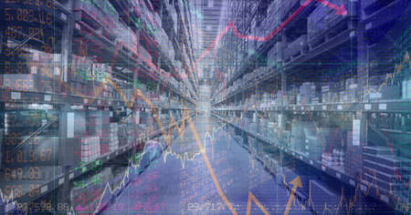 Composition of financial data processing over stacked up shelves in warehouse. global shipping and...