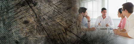 Composition of business people meeting in office and distressed background. business and...