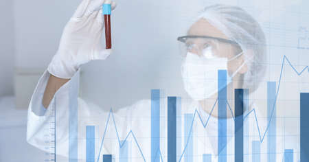 Composition of medical data processing over in face mask holding blood sample. global covid 19...