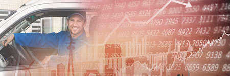 Composition of financial data processing over smiling delivery man in van. global shipping and...