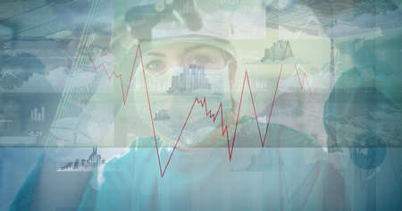 Composition of covid 19 medical statistics over surgeons in face masks in background. global...