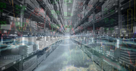 Composition of financial data processing over stacked up shelves in warehouse. global shipping and...