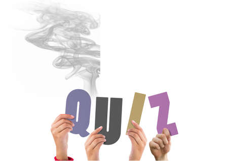 Composition of quiz in multi coloured letters held by people with grey smoke. knowledge and thinking concept digitally generated image.の写真素材
