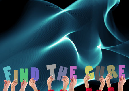 Composition of find the cure multi coloured letters held by people with blue light trails. global pandemic and healthcare concept digitally generated image.の写真素材