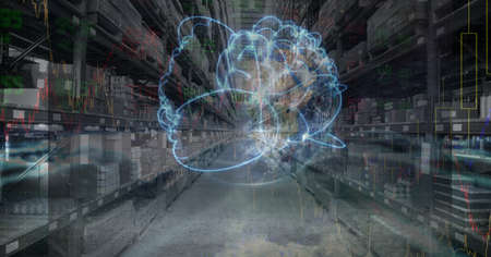 Composition of financial data processing with globe over stacked up shelves in warehouse. global shipping and delivery concept digitally generated image.の写真素材