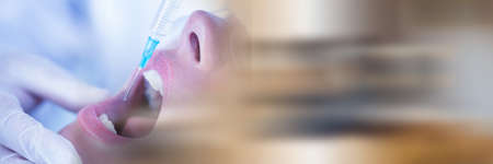 Composition of close up of female patient receiving local anaesthetics with blurred light trails....
