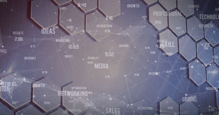 Business concept texts and network of connections against hexagonal shapes on grey background....