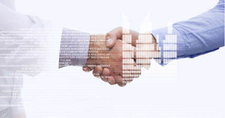 Data processing over mid section of two businessmen shaking hands against white background. global...