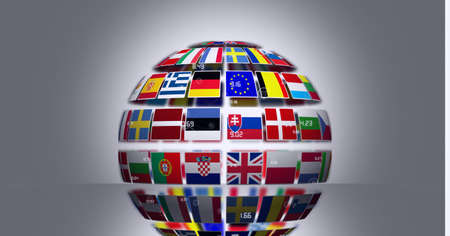 Globe made of different european union countries flags against grey background. european union community conceptの写真素材