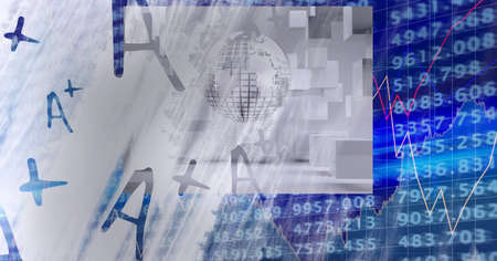 Multiple a plus symbols against stock market data processing on grey background. global finance and...
