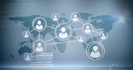 Network of multiple profile icons and data processing over world map against grey background. global...